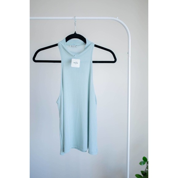 FREE PEOPLE Intimately NWT Slinky High Neck Blue Ribbed Tank Top SZ XS - Picture 1 of 10